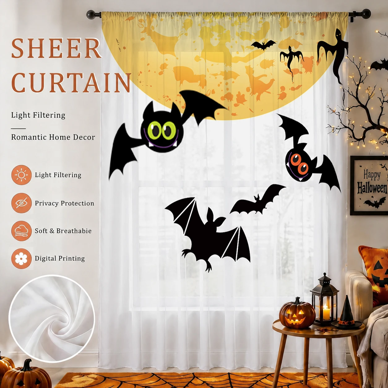 Home Office With Plants - Tenda Trasparente Sfumata per Halloween, Voile